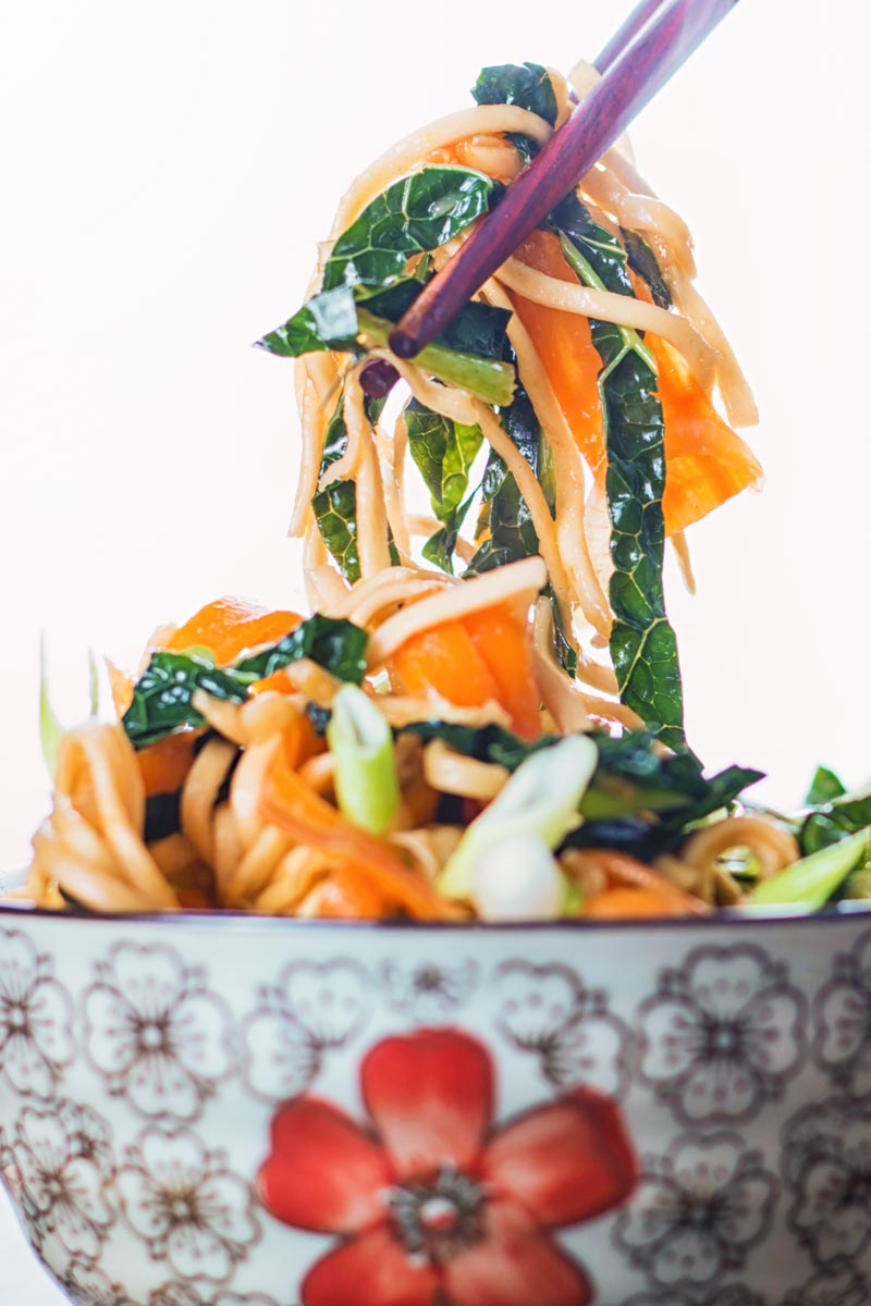 Close up portrait image of a bowl with Asian patterns with sweet and sour Stir Fried Noodles being lifted with chopsticks