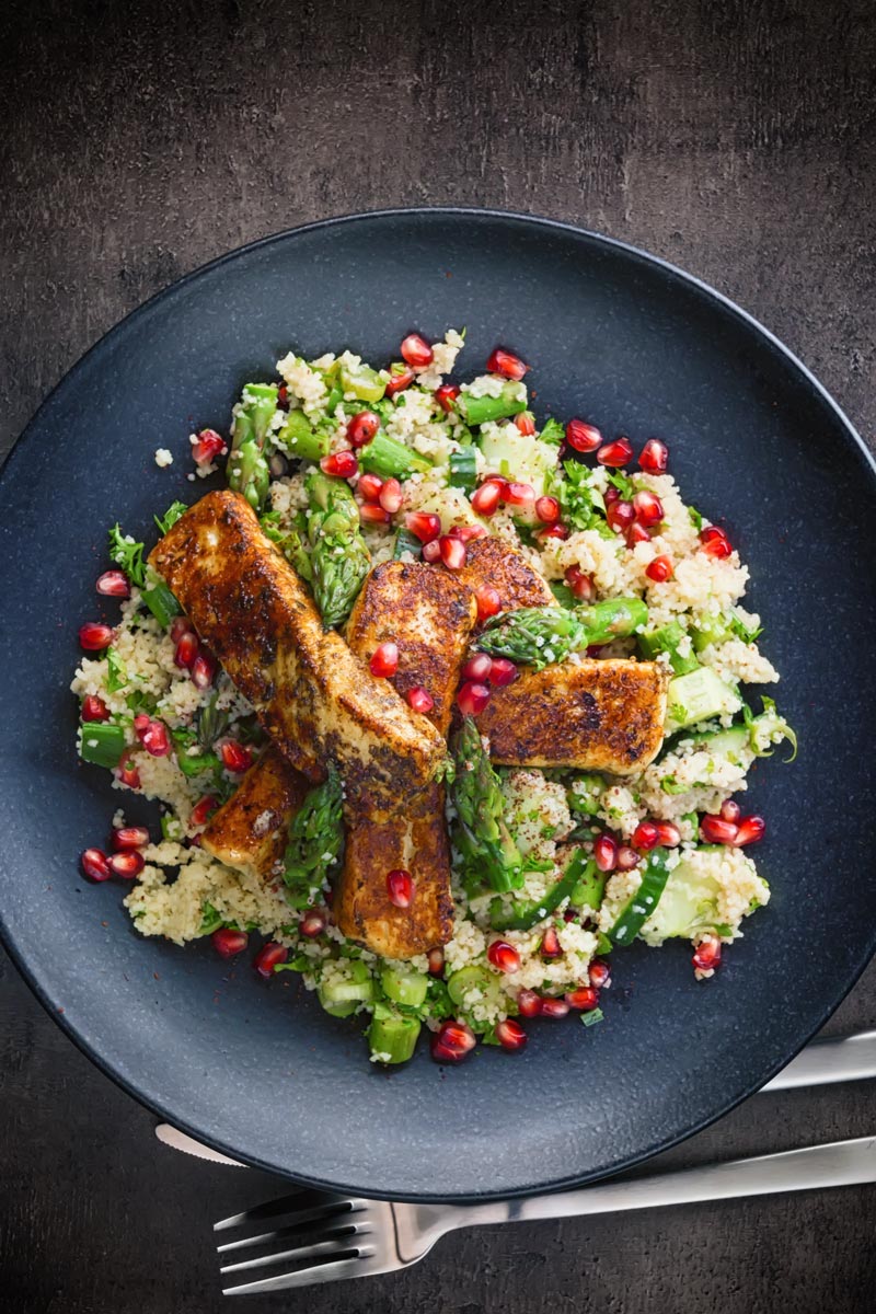 This Zaatar Halloumi Cheese With Cous Cous combines zaatar marinated and sautéd halloumi cheese with a fresh spring like jeweled couscous salad!