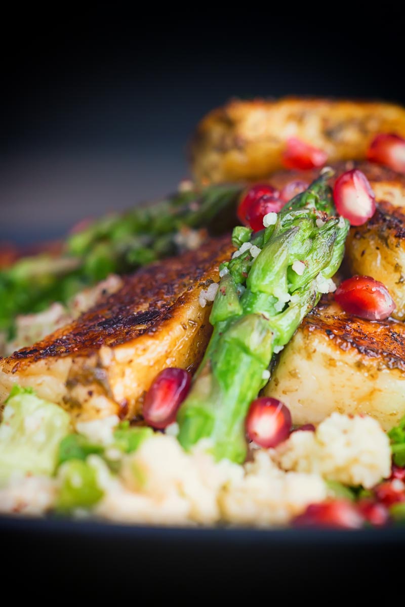 This Zaatar Halloumi Cheese With Cous Cous combines zaatar marinated and sautéd halloumi cheese with a fresh spring like jeweled couscous salad!