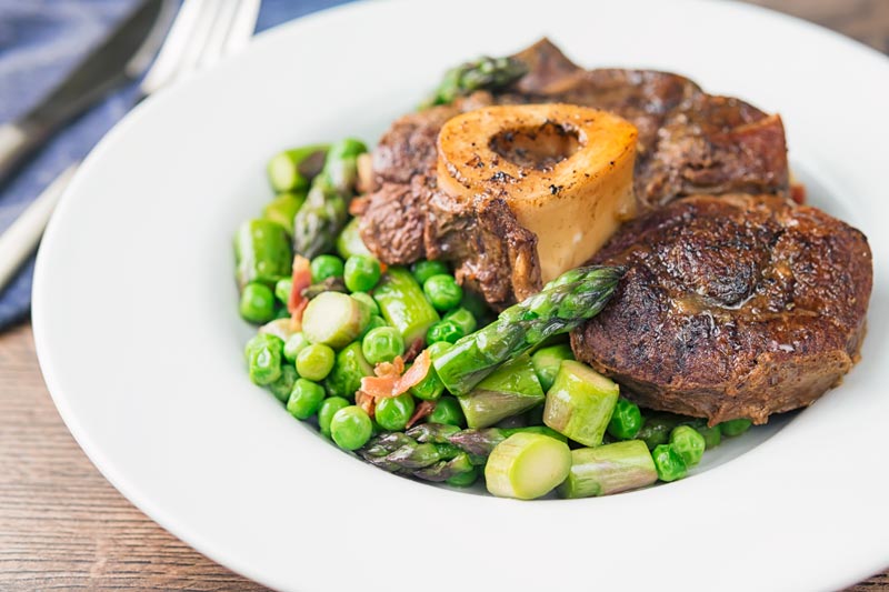 Braised Beef Shin with Asparagus and Peas Krumpli