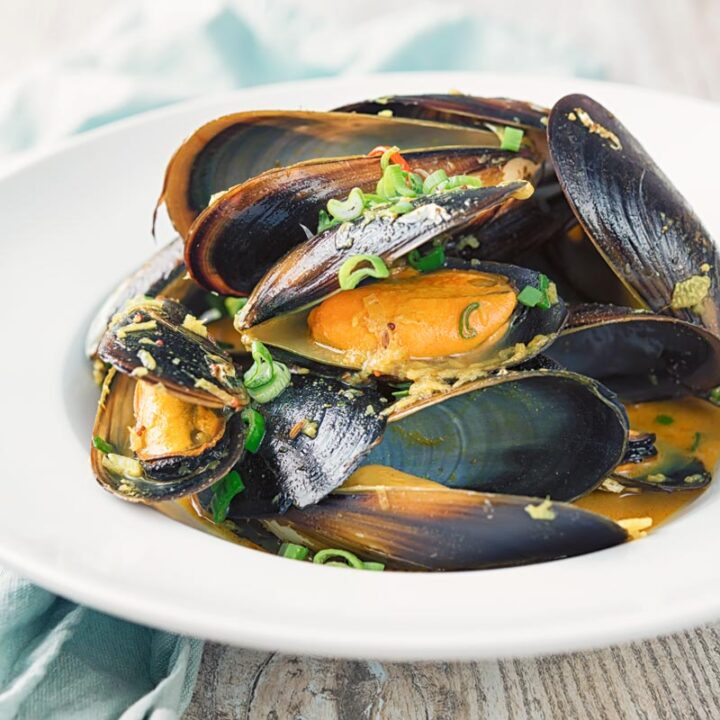 Square image of an Indian curry mussels served in a white bowl with a coconut broth and spring onions