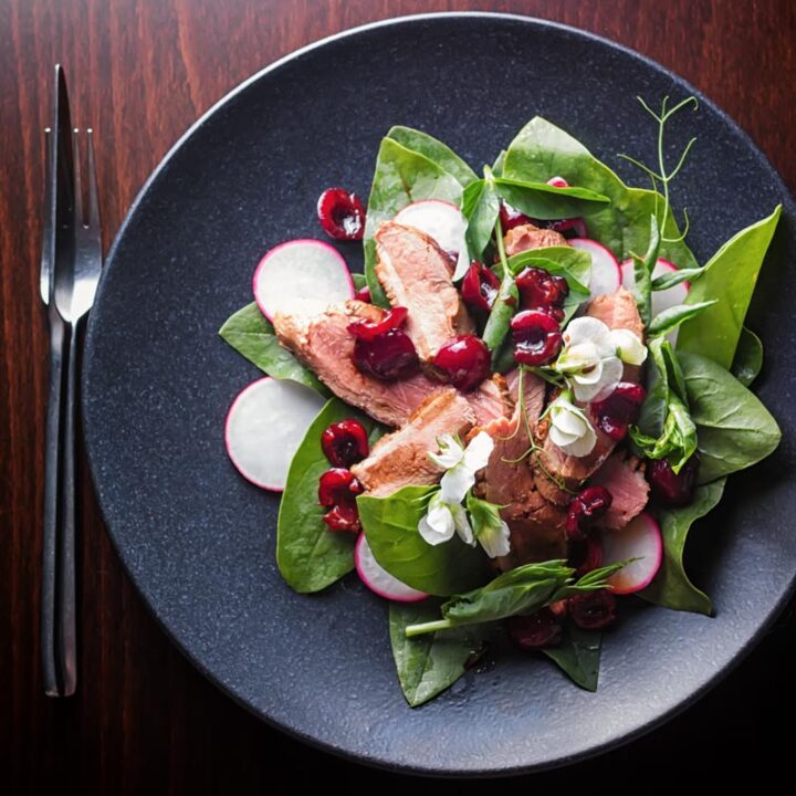 Duck Salad with Balsamic Cherry, Spinach and Radish