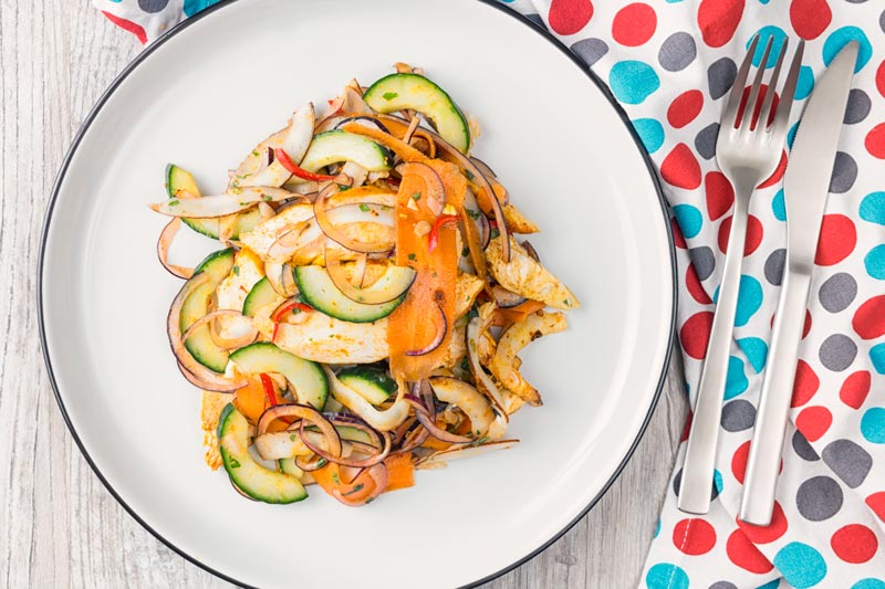Overhead landscape image of a Thai salad featuring chicken breast, fresh coconut, carrots and red onion