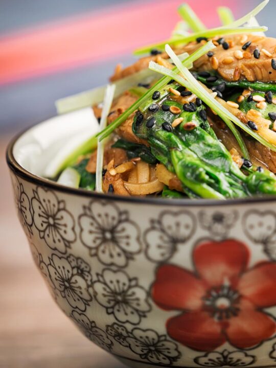 Portrait close up image of a pork stir fry with spinach and noodles served an Asian style bowl decorated with a red flower