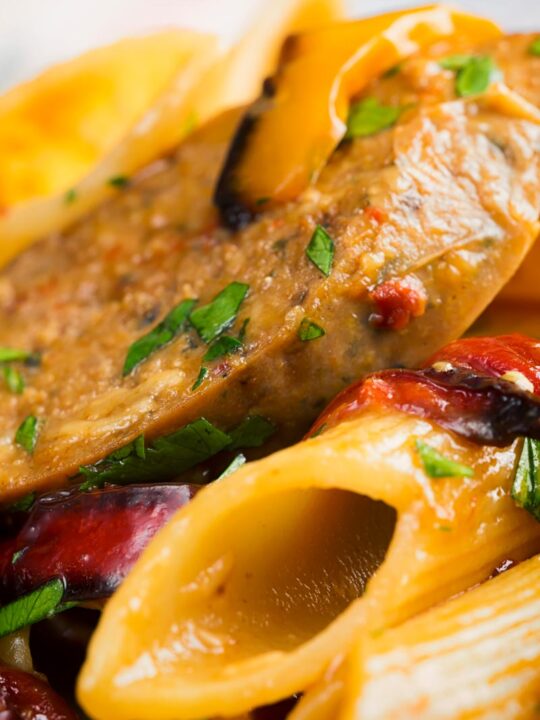 Portrait close up image of an Italian Sausage pasta with roasted peppers and penne pasta