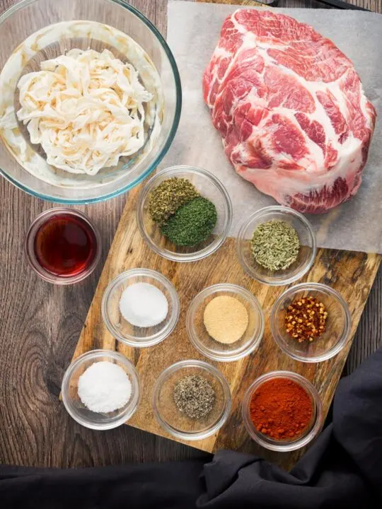 Portrait overhead image of the ingredients to make Italian Sausages form scratch