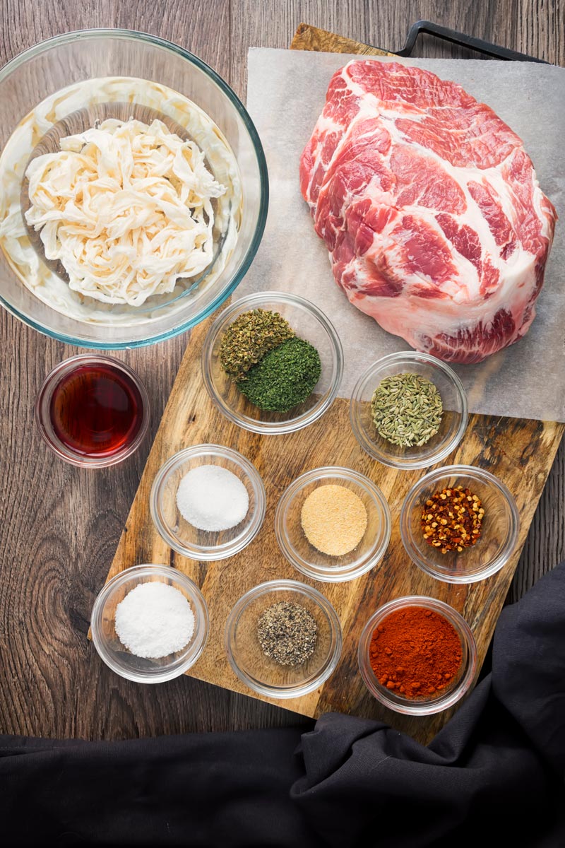 Portrait overhead image of the ingredients to make Italian Sausages form scratch