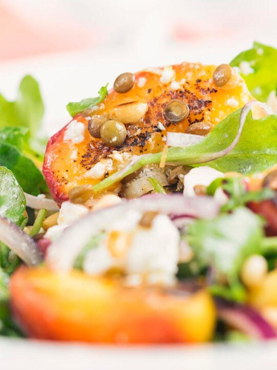 Portrait close up image of a seared peach and feta cheese salad with rocket, puy lentils and toasted pine nuts served in a white bowl