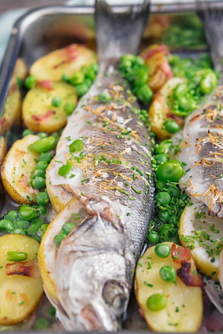 Whole Baked Sea Bass with Potatoes & Broad Beans Krumpli