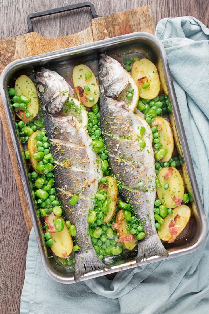 Whole Baked Sea Bass with Potatoes & Broad Beans | Krumpli