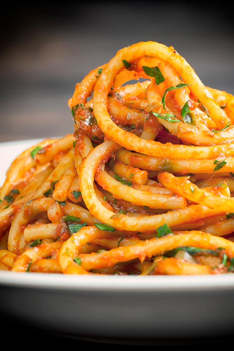 Portrait image of Bucatini pasta in a rich tomato sauce
