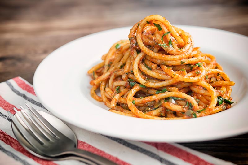 Landscape image of Bucatini pasta in a tomato sauce served in a shallow white bowl