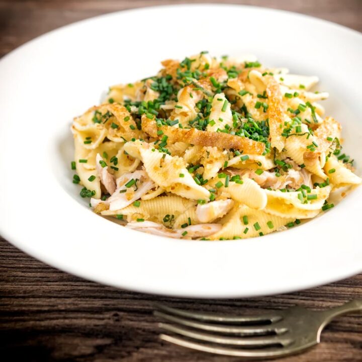 Square image of sage and onion chicken pasta served in a white shallow bowl