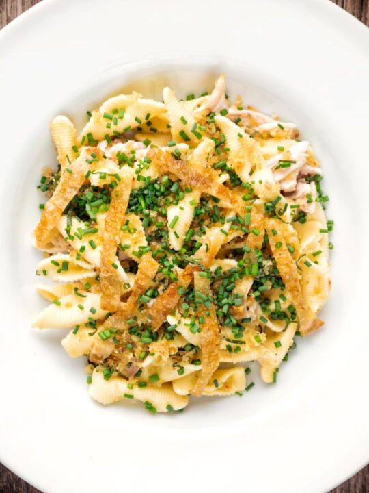 Portrait over head image of sage and onion chicken pasta served in a white bowl