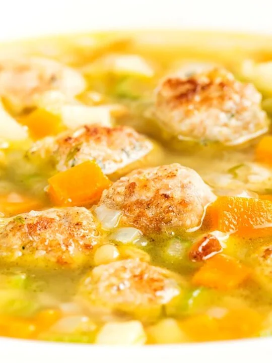 Portrait close up image of a simple meatball soup with diced vegetables and pork meatballs and a light broth in a white bowl