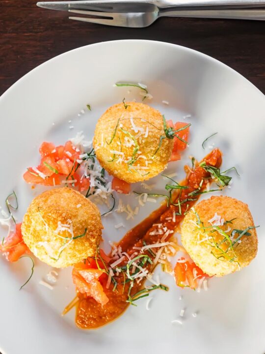 Portrait overhead image of three golden stuffed arancini balls served on a white plate with tomato sauce, tomato concasse and shredded basil