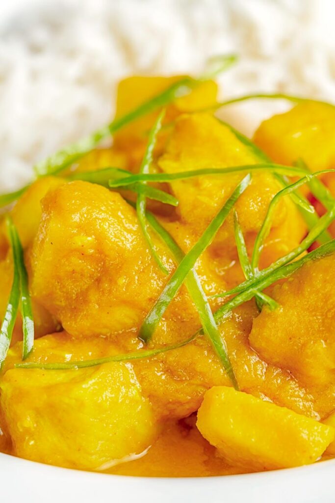 Close up portrait image of a chicken and pineapple curry in a thick sauce with a chiffonade of green chilli