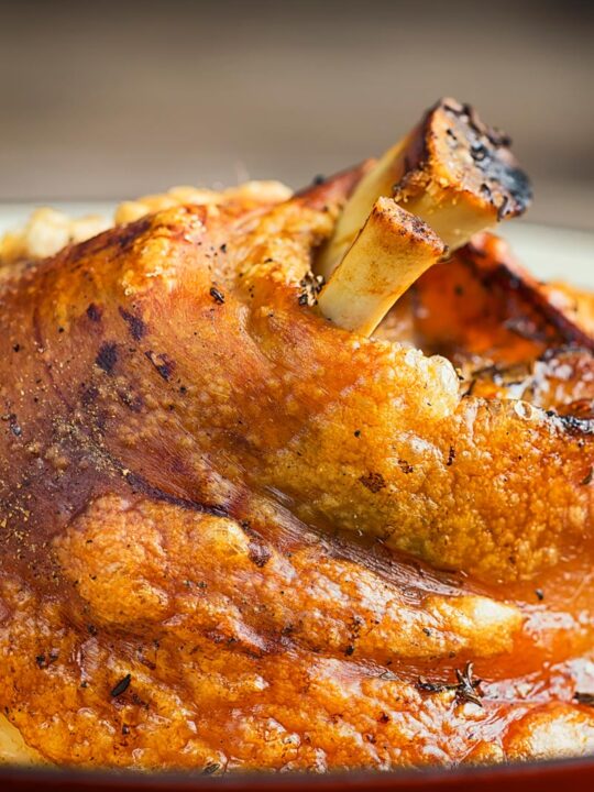 Portrait close up of a roasted crispy pork knuckle showing crisp crackling
