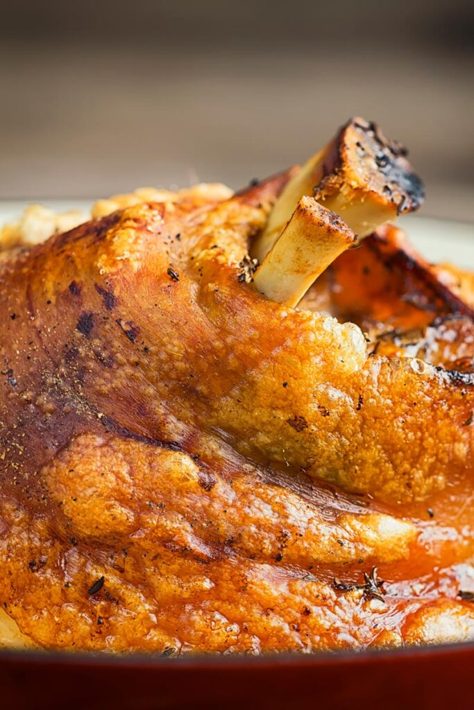 Portrait close up of a roasted crispy pork knuckle showing crisp crackling