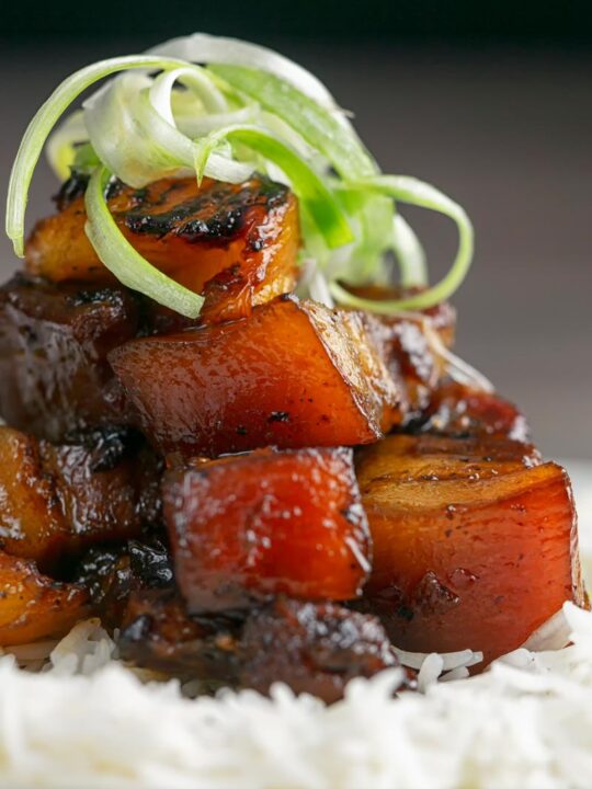 Portrait close up image of a single serving of glazed sticky pork belly with pineapple on a bed of rice and garnish of shredded green onion