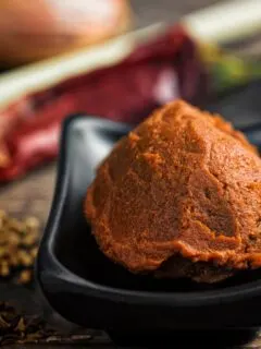 Portrait close up image of a homemade massaman curry paste surrounded by ingredients