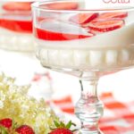 Portrait image of two yoghurt panna cotta served in class bowls with strawberry coulis and strawberry slices with text overlay