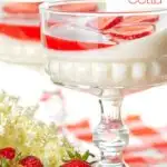 Portrait image of two yoghurt panna cotta served in class bowls with strawberry coulis and strawberry slices with text overlay