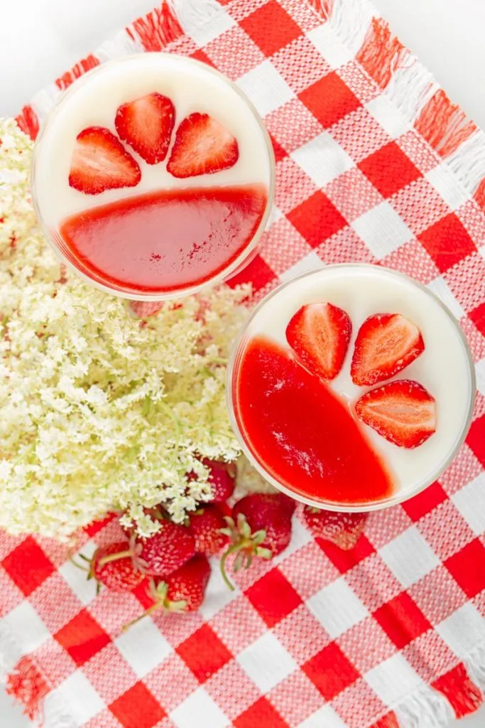Portrait overhead image of two yoghurt panna cotta served in class bowls with strawberry coulis and strawberry slices