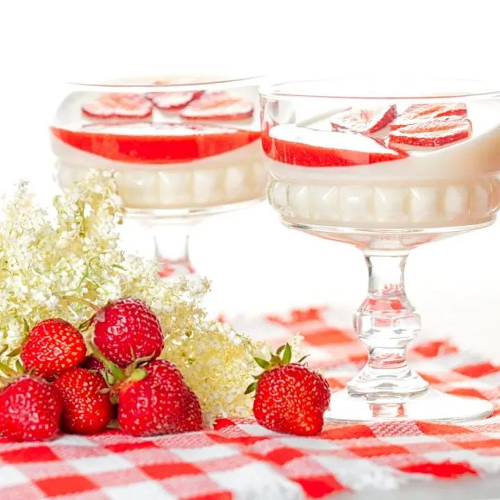 Square image of two yoghurt panna cotta served in class bowls with strawberry coulis and strawberry slices
