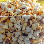Portrait close up image of spiced popcorn in a glass bowl