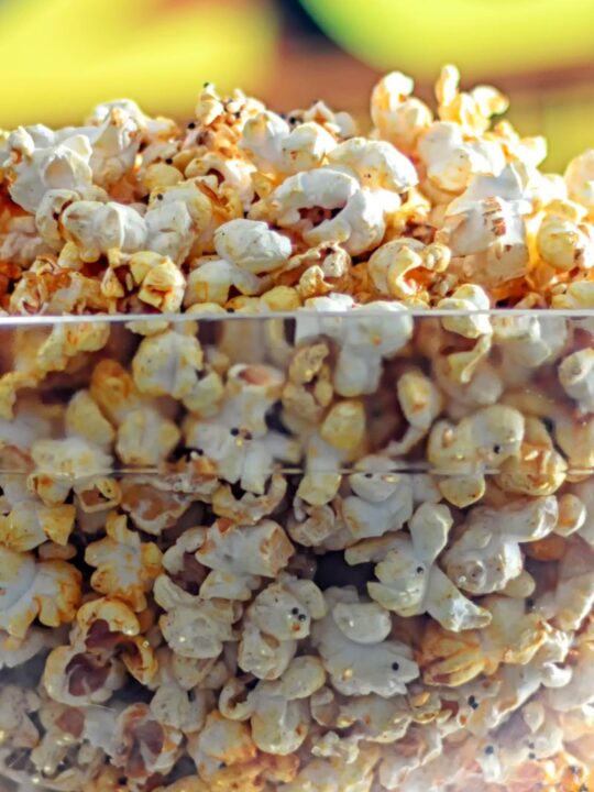 Portrait close up image of spiced popcorn in a glass bowl