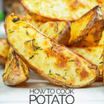 Portrait close up image of potato wedges served on a white plate with text overlay