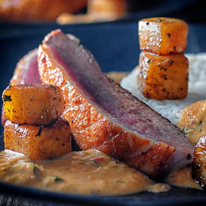 Square close up image of a deconstructed Thai Duck Curry with seared pineapple and jasmine rice