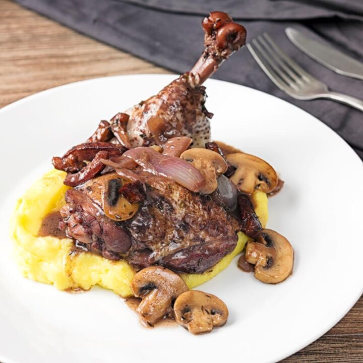Square image of chicken in a red wine sauce with mushrooms and bacon served on mashed potato