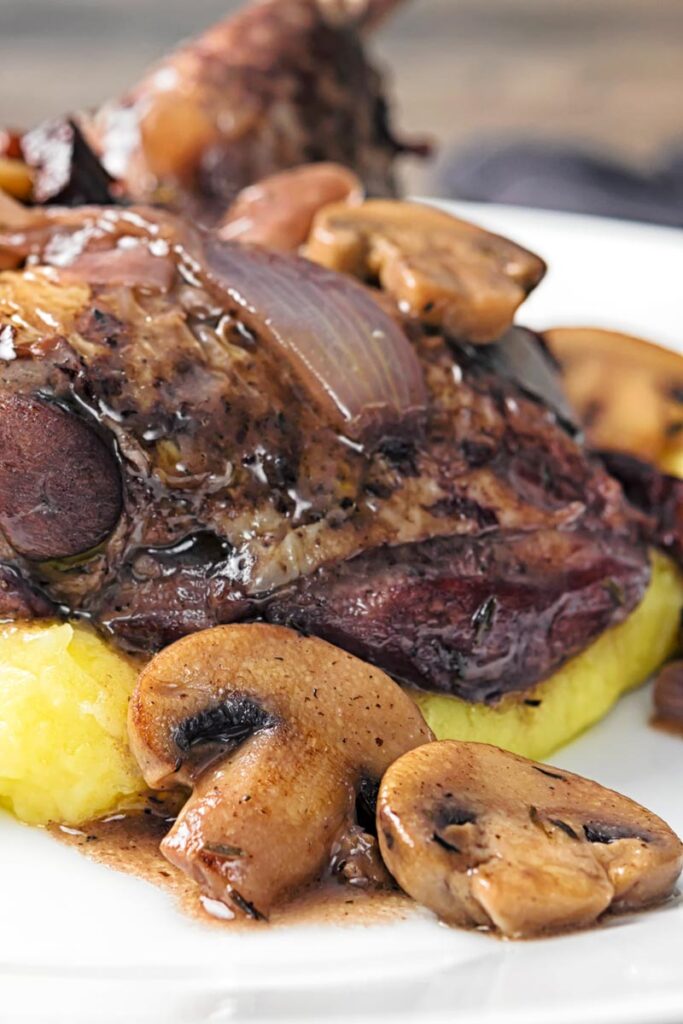 Portrait close up image chicken in a red wine sauce with mushrooms and bacon served on mashed potato
