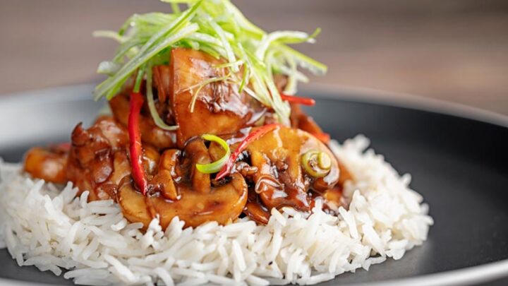 Landscape image of a Chinese chicken and mushroom stir fry served ona black plate with shredded spring onion and white rice