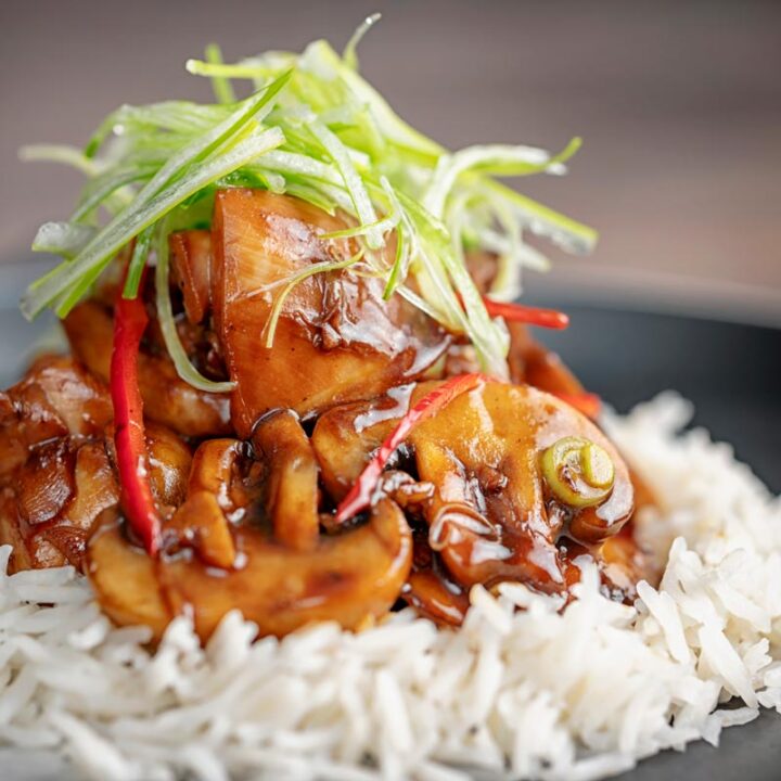 Square image of a Chinese chicken and mushroom stir fry served ona black plate with shredded spring onion and white rice