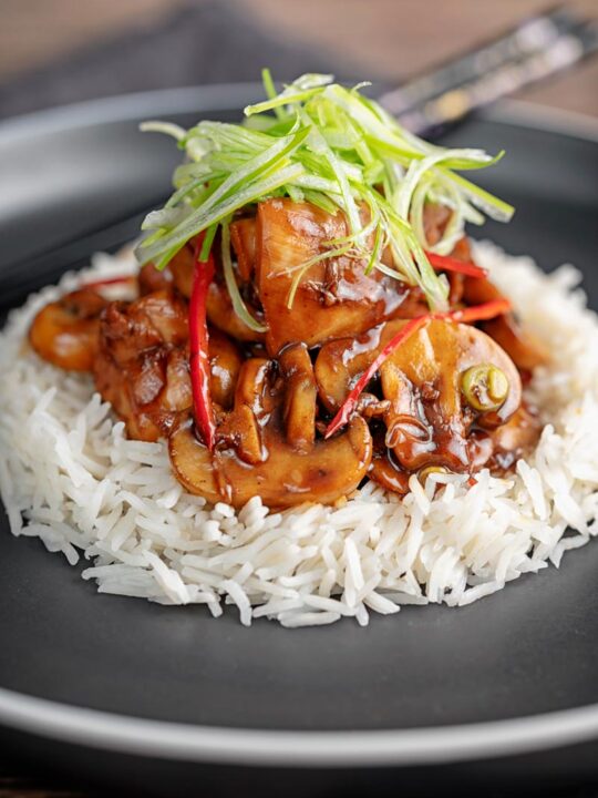 Portrait image of a Chinese chicken and mushroom stir fry served ona black plate with shredded spring onion and white rice