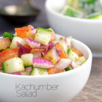 Portrait image of an Indian kachumber side salad served in a white bowl with text overlay