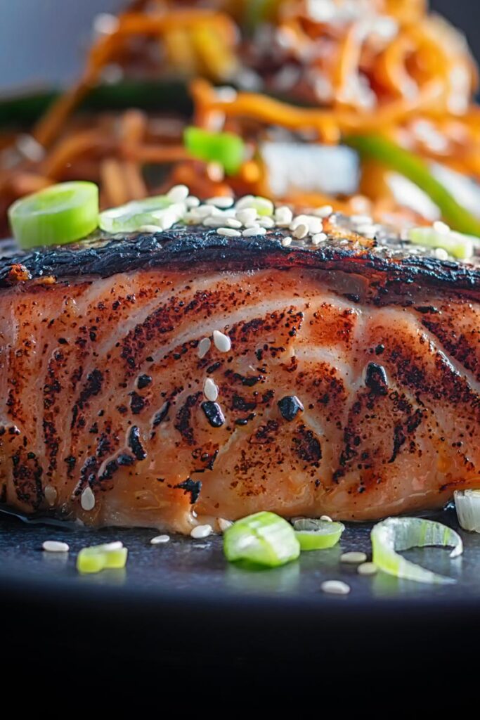 Portrait close up image of grilled korean salmon fillet