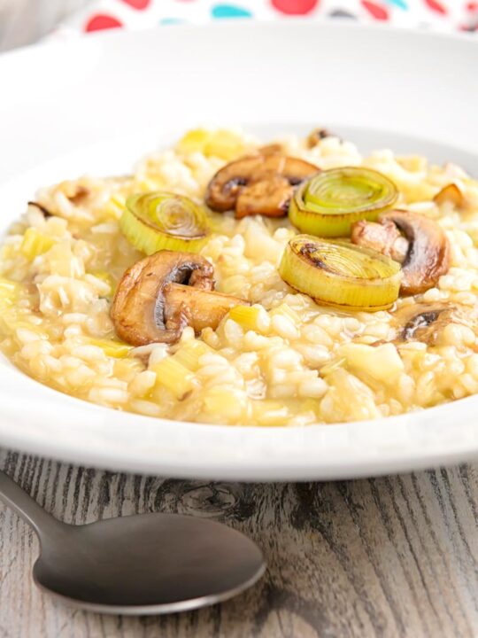 Portrait close up image of a leek and mushroom risotto served in a white bowl
