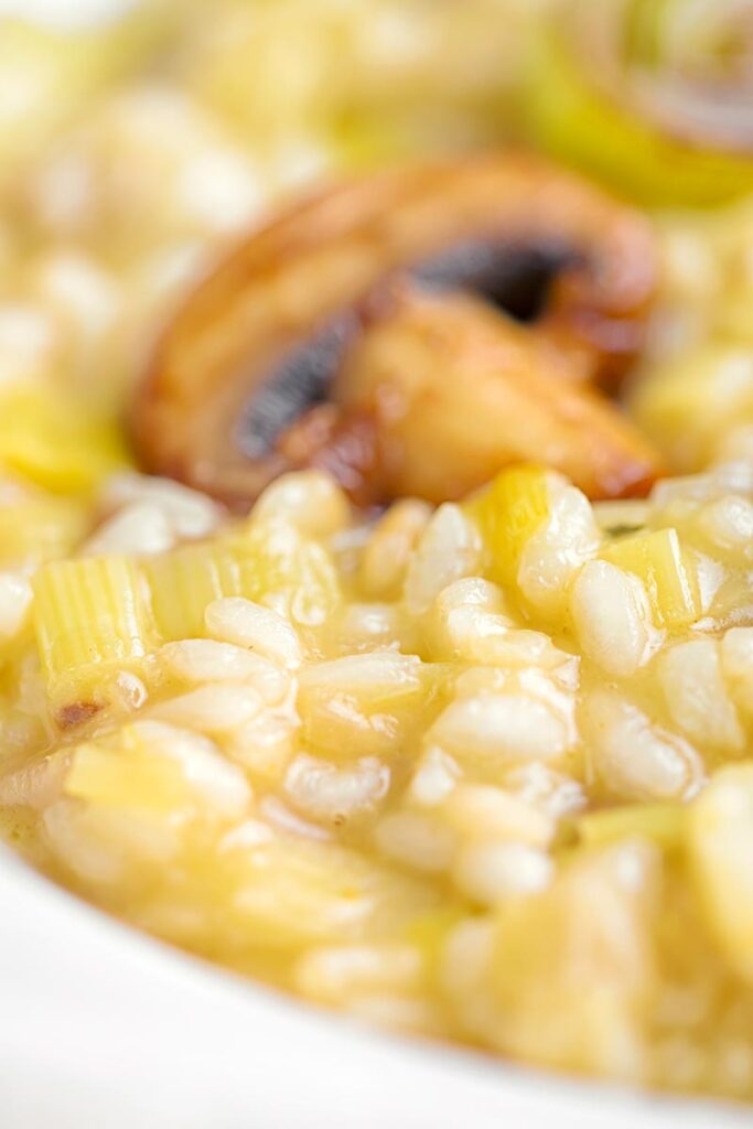 Portrait close up image of a creamy risotto with an out of focus slice of mushroom in the background