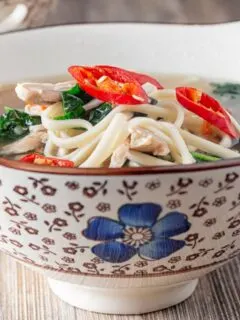 Portrait close up image of chicken noodle soup made with leftover chicken served in an Asian style bowl decorated with a blue flower
