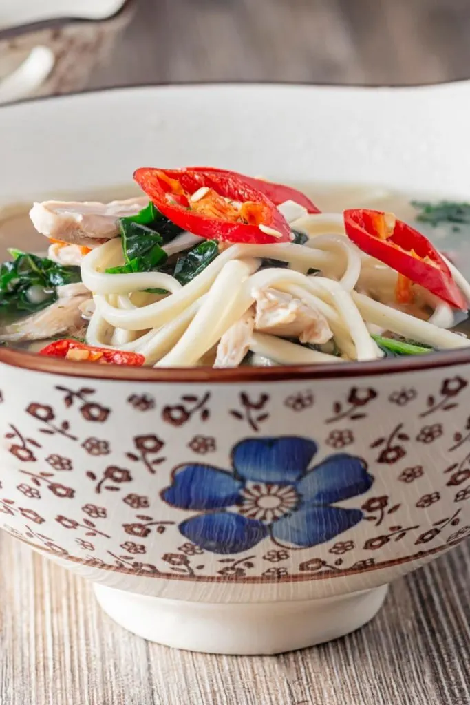 Portrait close up image of chicken noodle soup made with leftover chicken served in an Asian style bowl decorated with a blue flower