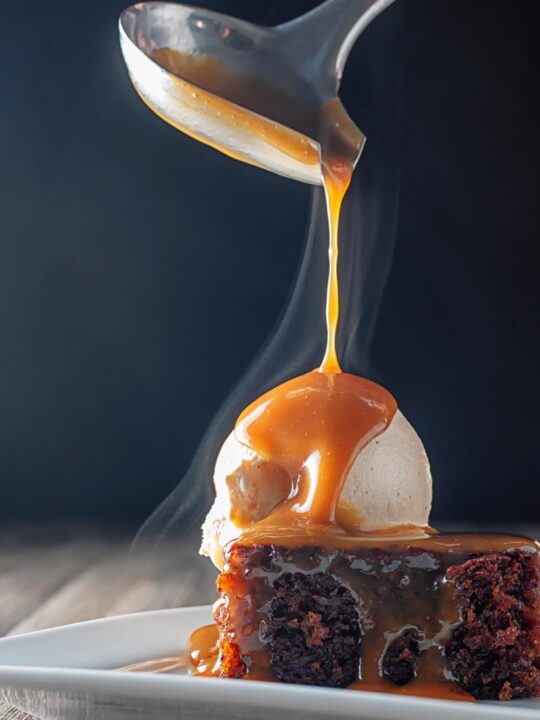 Portrait image of a steaming hot caramel sauce being poured over a sticky toffee pudding topped with vanilla ice cream