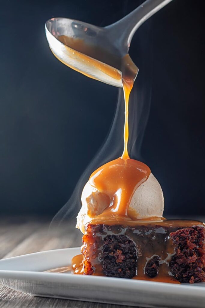 Portrait image of a steaming hot caramel sauce being poured over a sticky toffee pudding topped with vanilla ice cream