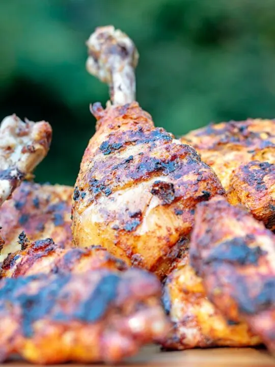 Portrait close up image of a BBQ tandoori chicken drumstick with surrounded by out of focus chicken