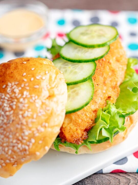 Portrait image of a chicken breast burger with lettuce and cucumber