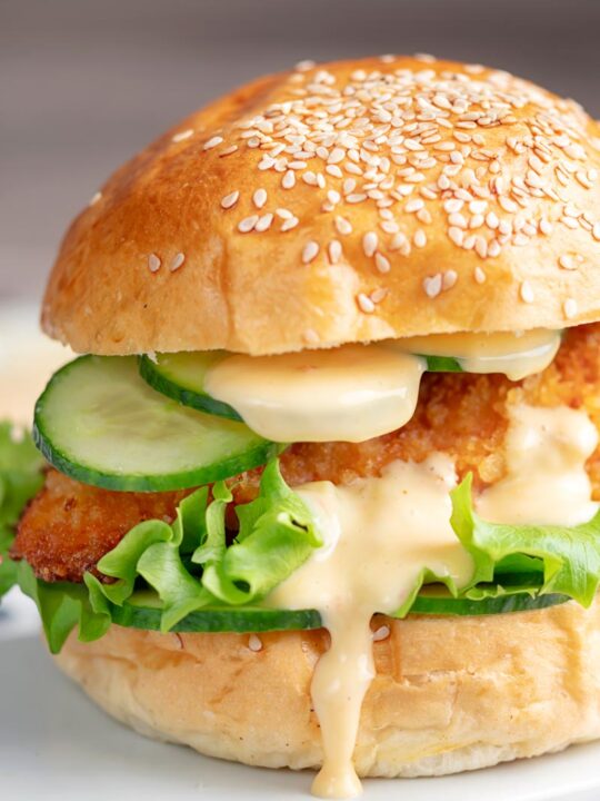 Portrait image of a chicken breast burger with lettuce and cucumber and a dollop of chilli and lime mayo