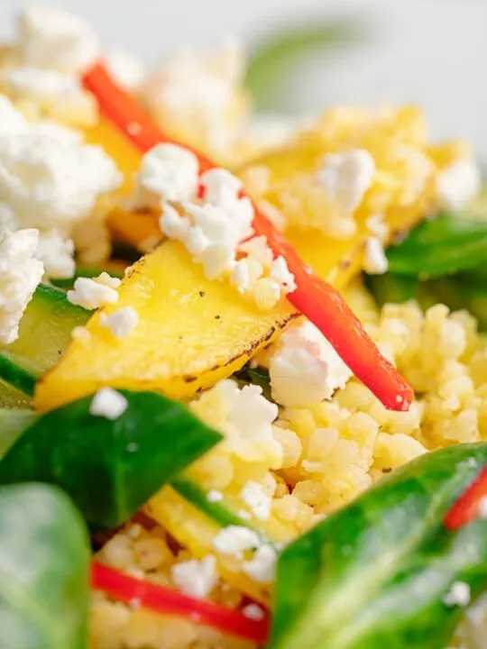 Portrait close up image of a main course mango salad featuring lambs lettuce with feta cheese, millet and chilli shreds